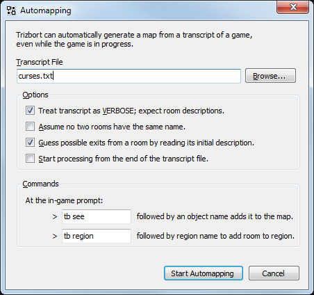The dialog displayed by Trizbort when you start automapping.